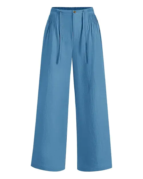 Light blue wide-leg trousers for women featuring an elastic drawstring waistband, front pleats, and a relaxed, flowing fit.