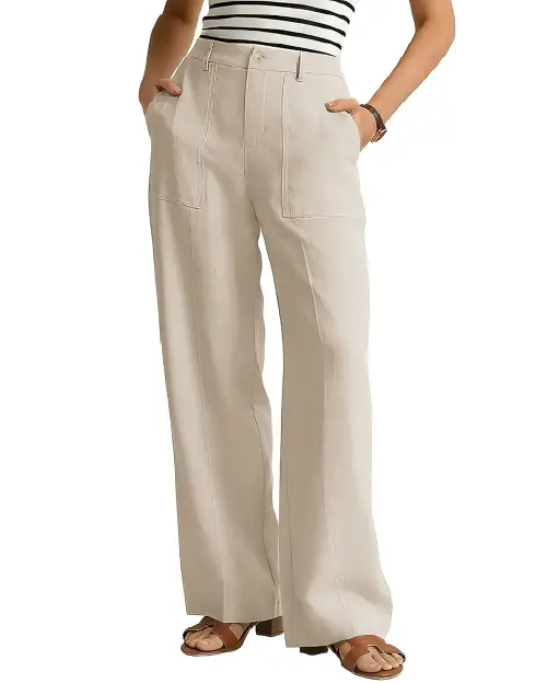 Beige professional wide-leg trousers for women featuring prominent front patch pockets, a structured waistband, and belt loops, paired with a striped top and brown sandals.