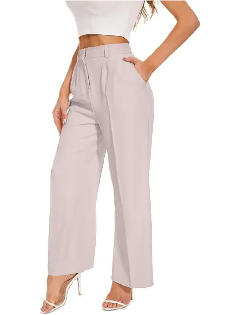 A person wearing soft light pink or lavender high-waisted wide-leg work pants for women with front pleats, side pockets, and a front button closure.